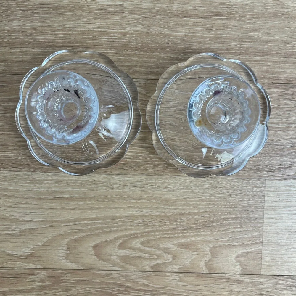Vintage Clear Pressed Glass Scalloped Petal Taper Candlestick Holders Pair 3in